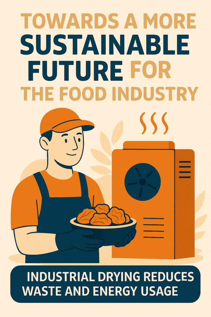Digital illustration promoting sustainable food processing, featuring a worker holding dried produce next to a modern drying machine.