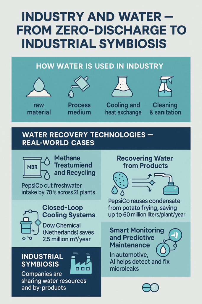 Infographic detailing how water is used in industry, with examples of water recovery technologies such as membrane bioreactors, product condensation reuse, closed-loop cooling, and AI-based leak detection, concluding with industrial symbiosis for resource sharing.