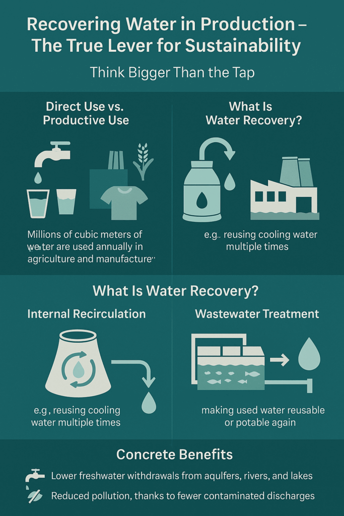 Infographic explaining industrial and agricultural water recovery, featuring comparisons between direct and productive use, methods like internal recirculation and wastewater treatment, and benefits such as reduced freshwater use and pollution.