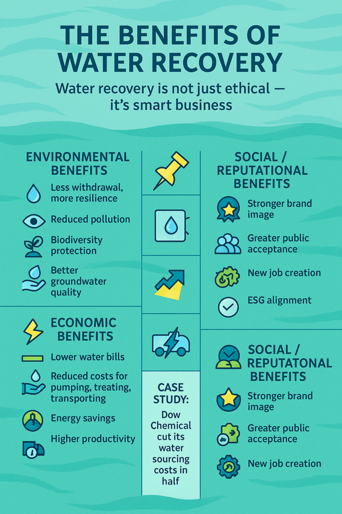 Infographic illustrating the environmental, economic, and reputational benefits of water recovery, including less freshwater withdrawal, pollution reduction, lower costs, energy savings, stronger brand image, and a Dow Chemical case study.